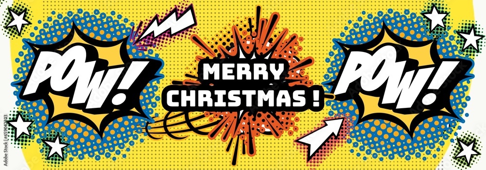 Merry Christmas horizontally pattern with comics elements, cartoon, cinema vintage, retro style. Graffiti, graphic, collage design
