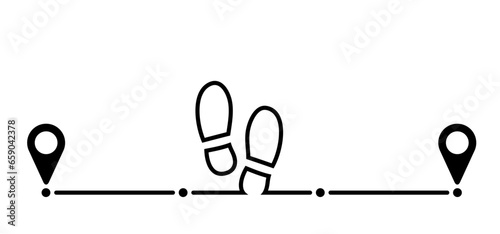 Pointer or point walk trekking route. Footprint, footstep icon. pin between multiple points. Gps navigation and travel concept. Dotterd track, line pattern. Map, road, direction arrow.