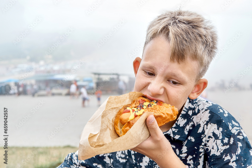 Thoughtful boy eats fresh hotdog resting in mountain park closeup. Kid bites large piece of sandwich against farm market. Fast food snack
