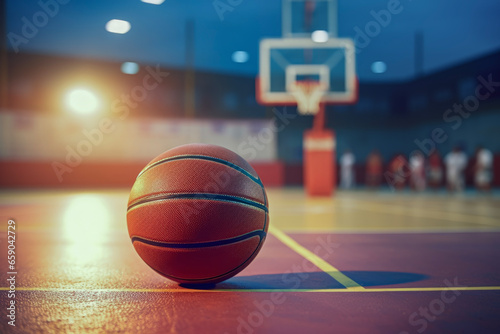 Close up of a basketball on an empty basketball court. Lifestyle concept for sports and hobbies.