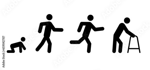 Cartoon crawl, walk, run en old man. Baby running steps and old person.   Senior, stickman, stick figure man sign. Human evolution for education concept. Jump, play, walking and running.