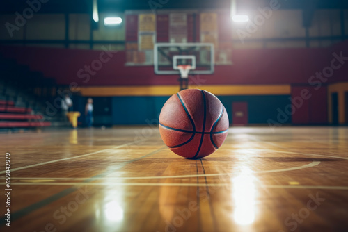 Close up of a basketball on an empty basketball gymnasium. Lifestyle concept for sports and hobbies.