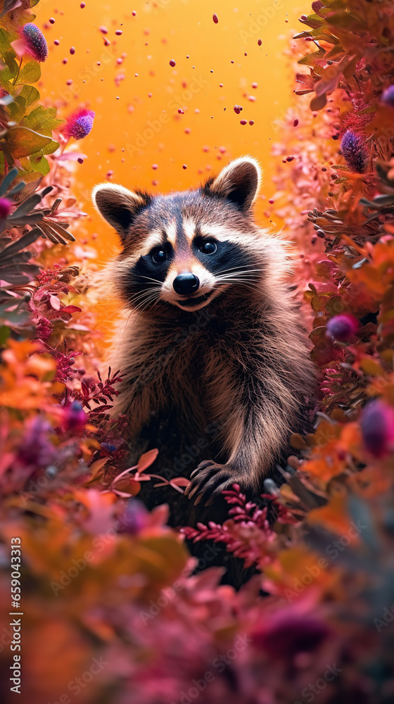 A Glimpse into the Wild: Portrait of a Raccoon Amidst Autumn Hues