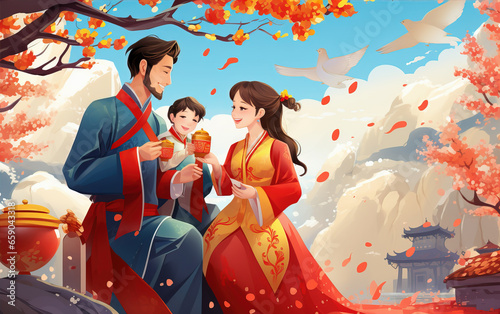 Spring Festival and New Year's Day family reunion illustration,created with Generative AI tecnology.