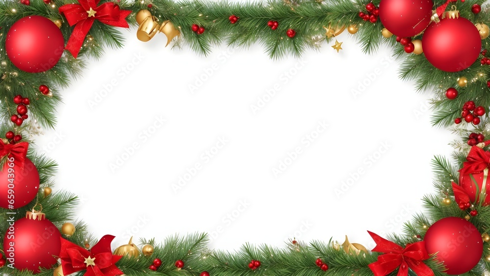 Christmas frame with branches and balls. Xmas border with christmas tree, red baubles and empty white space. Christmas frame with branches and balls. Xmas border with christmas tree, red baubles and empty white space.
