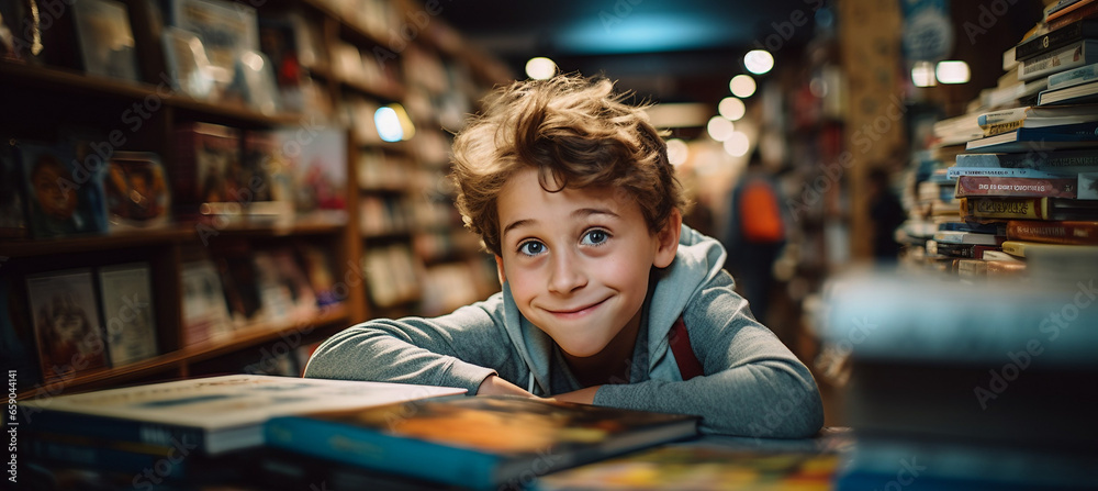 Back to School Excitement, A Child Embraces Knowledge in a Colorful Bookstore