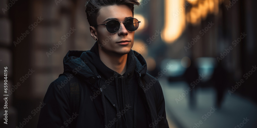 Portrait of a Fashionable Young Man, Posing. Handsome Male, Guy with sunglasses in black hooded jacket on a evening street background. Men's autumn fashion Portrait of a Fashionable Young Man, Posing. Handsome Male, Guy with sunglasses in black hooded jacket on a evening street background. Men's autumn fashion