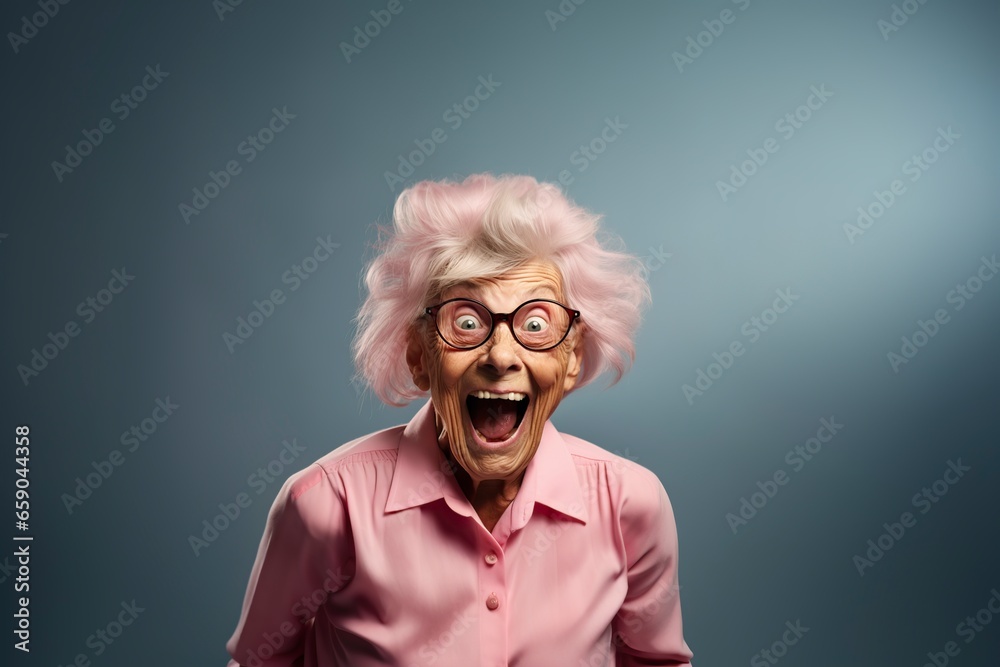 old woman squinting and grimacing in front of the camera in the studio old woman squinting and grimacing in front of the camera in the studio