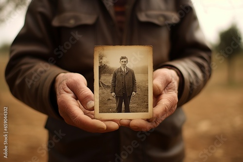 elderly senior man holding a portrait of herself