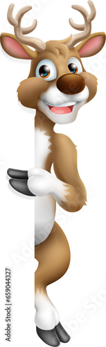 Cartoon Santa Claus or Father Christmas reindeer peeking around a sign and pointing