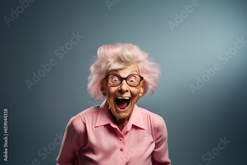 old woman squinting and grimacing in front of the camera in the studio