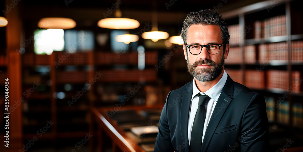 Fototapeta premium Handsome lawyer man wearing a suit and glasses over blurred background. Generative AI