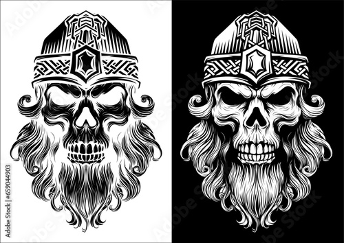 A Viking skull skeleton warrior or barbarian gladiator man mascot face looking strong wearing a helmet. In a retro vintage woodcut style.