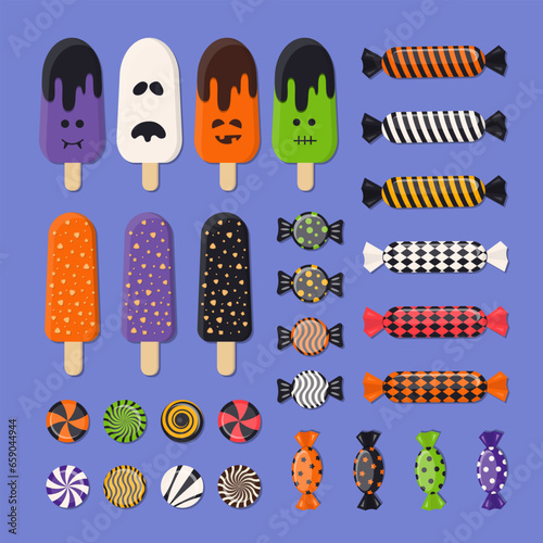 Halloween Sweets Vector Set. Collection of Spooky Candies, Sweets, Ice Cream and Sugar Caramel.