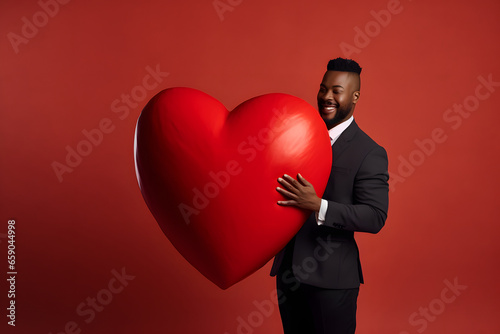 smiling African American man in suit holding big red heart on red background. Not based on any actual person, or scene photo