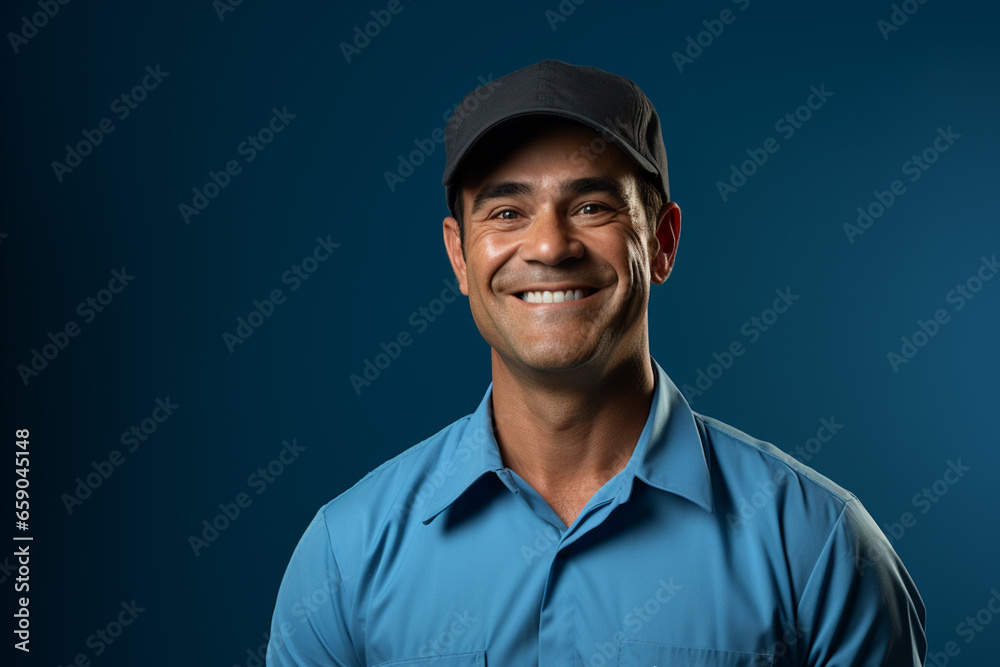 A happy deliveryman smiling, Bright solid light blue background A happy deliveryman smiling, Bright solid light blue background