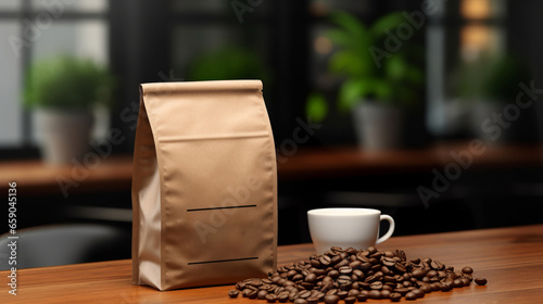 A brown coffee paper bag packaging mockup with spilled coffee beans on a coffee table, a mockup in Photoshop and Photoshop Elements, a mockup in PSD, a mockup for marketing, a mockup for packaging