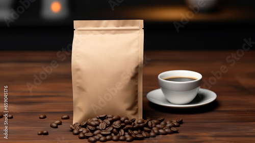 A brown coffee paper bag packaging mockup with spilled coffee beans on a coffee table, a mockup in Photoshop and Photoshop Elements, a mockup in PSD, a mockup for marketing, a mockup for packaging