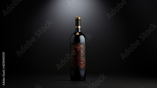 A high-end wine bottle adorned with an opulent label, placed gracefully beside a wine glass in a studio with dramatic black lighting.
