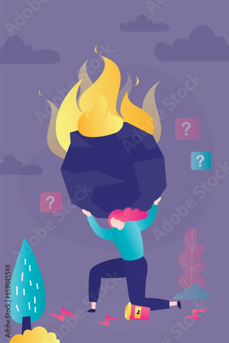 Burnout, emotional pressure and psychological stress. Businessman tries to lift giant hot and burning stone. Challenges, problems at job and in family. Workload is too heavy.