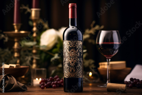 A high-end wine bottle adorned with an opulent label, placed gracefully beside a wine glass in a studio with dramatic black lighting.