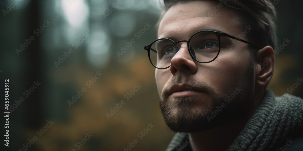 Portrait of a Young Man with glasses and beard on a Autumn Background. Autumn Mood. Handsome Male at Autumn Forest or Park