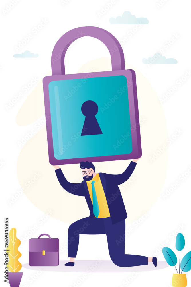 Burnout, emotional pressure. Businessman tries to lift giant padlock. Challenges, problems and difficulties. Workload is too heavy. Employee can't overcome obstacles. Burnout, emotional pressure. Businessman tries to lift giant padlock. Challenges, problems and difficulties. Workload is too heavy. Employee can't overcome obstacles.