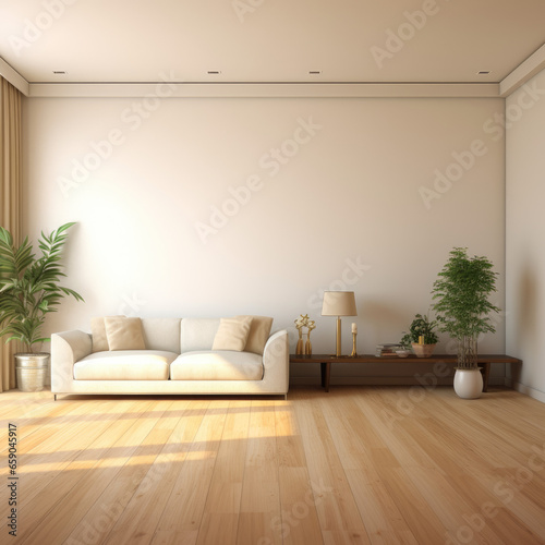 An empty white room with a wooden floor and potted a plant and Sofa 