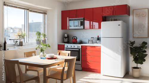 Small, Illuminated Kitchen with White Dining Table, Red Chairs, and Natural Light, generative Ai