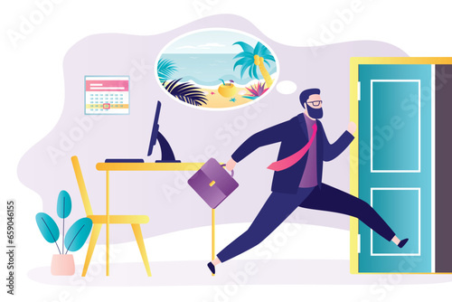 Happy businessman runs away from office. Male employee dreams of vacation. Beginning of holidays, man thinks about beach and relaxation. Open door from office room
