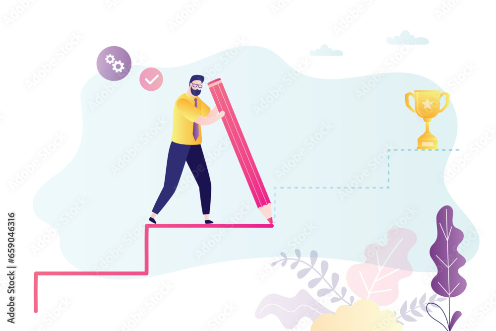 Smart businessman uses pencil and draws path to success. Ambitious businessman climbing on career ladder towards goal. Self skills improvement, hope only for yourself. Trophy on top.