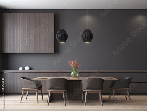 Interior of modern dining room with gray walls, wooden floor, long wooden table and black chairs. Generative AI