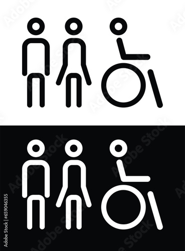 Gender icon. Man and Woman icon isolated minimal design. Toilet line icon, outline vector sign, linear style pictogram isolated on white. WC symbol, vector logo illustration.