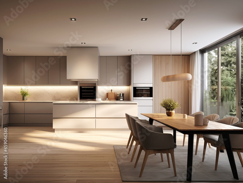 Interior of modern kitchen with white walls  wooden floor  white countertops and wooden cupboards. Generative AI