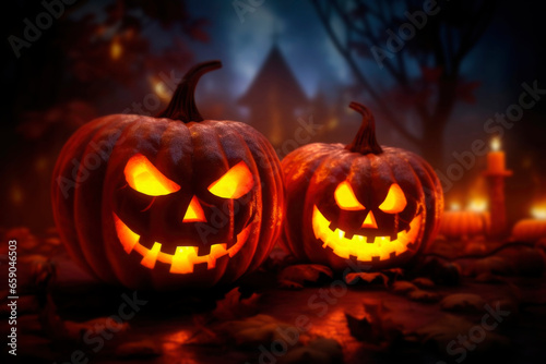 Halloween orange carved jack lantern pumpkins and decorations at night home interior