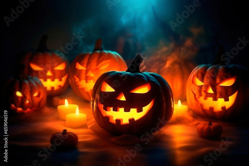 Halloween orange carved jack lantern pumpkins and decorations at night home interior