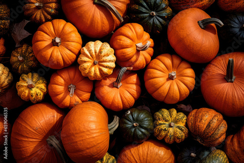 Pile of small fall pumpkins traditional Thanksgiving harvest at autumn season