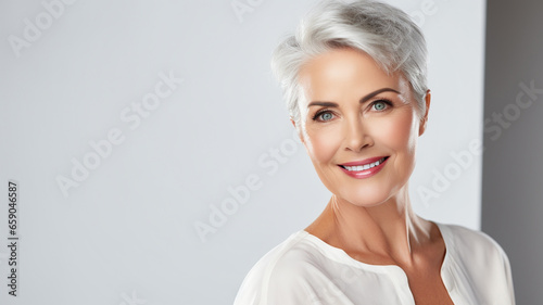 Adult woman with smooth healthy face skin. Beautiful aging mature woman with gray hair and happy smiling touch face. Skin care beauty, skincare cosmetics, advertising concept. 