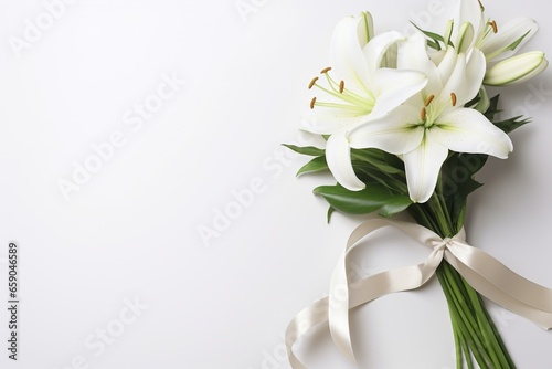 White lily bouquet with ribbon on white background.Funeral Concept