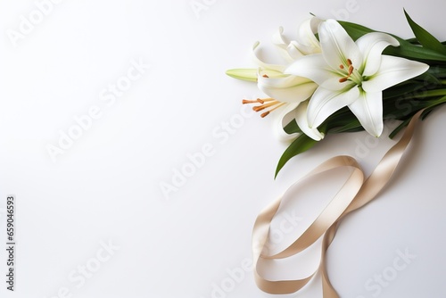 White lily bouquet with ribbon on white background.Funeral Concept