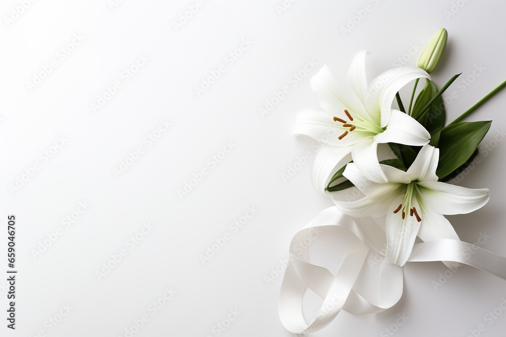 Fototapeta premium White lily bouquet with ribbon on white background.Funeral Concept