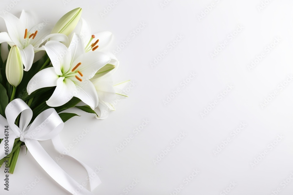 White lily bouquet with ribbon on white background.Funeral Concept White lily bouquet with ribbon on white background.Funeral Concept