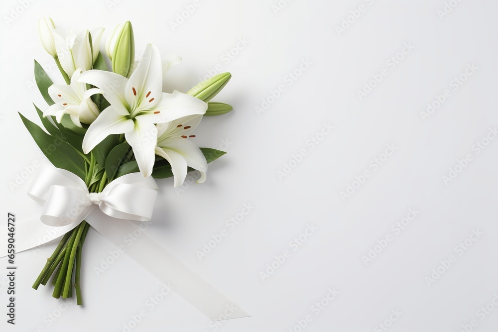White lily bouquet with ribbon on white background.Funeral Concept - obrazy, fototapety, plakaty 