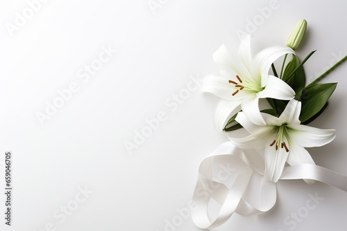White lily bouquet with ribbon on white background.Funeral Concept © Rudsaphon