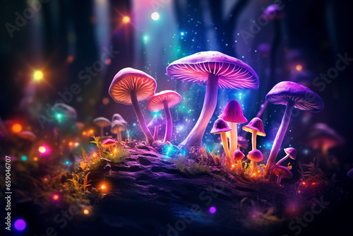 mushroom plants at night with bright neon colors © Samsul