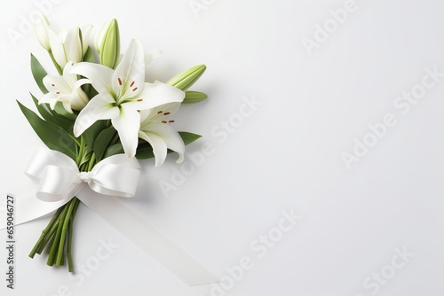 White lily bouquet with ribbon on white background.Funeral Concept © Rudsaphon