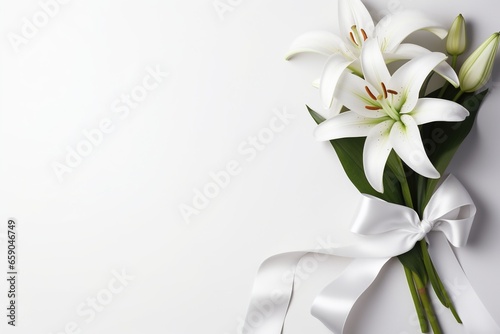 White lily bouquet with ribbon on white background.Funeral Concept