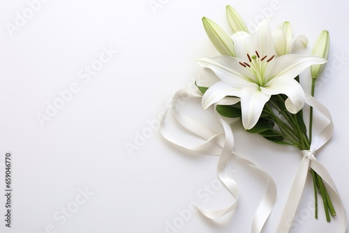 White lily bouquet with ribbon on white background.Funeral Concept