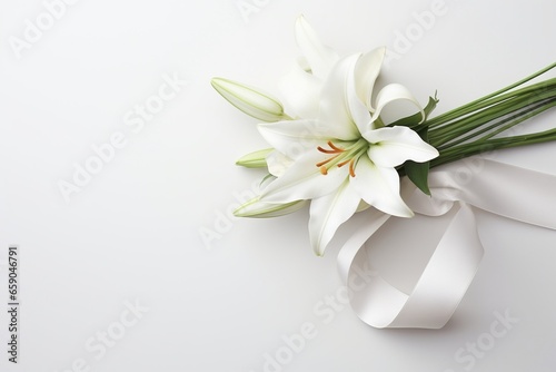 White lily bouquet with ribbon on white background.Funeral Concept