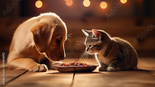 Cat and dog on the table with food. photo
